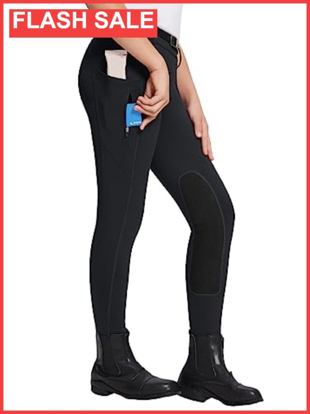 Girls Equestrian Riding Pants Knee-Patch Zip Pocket Horseback Tights